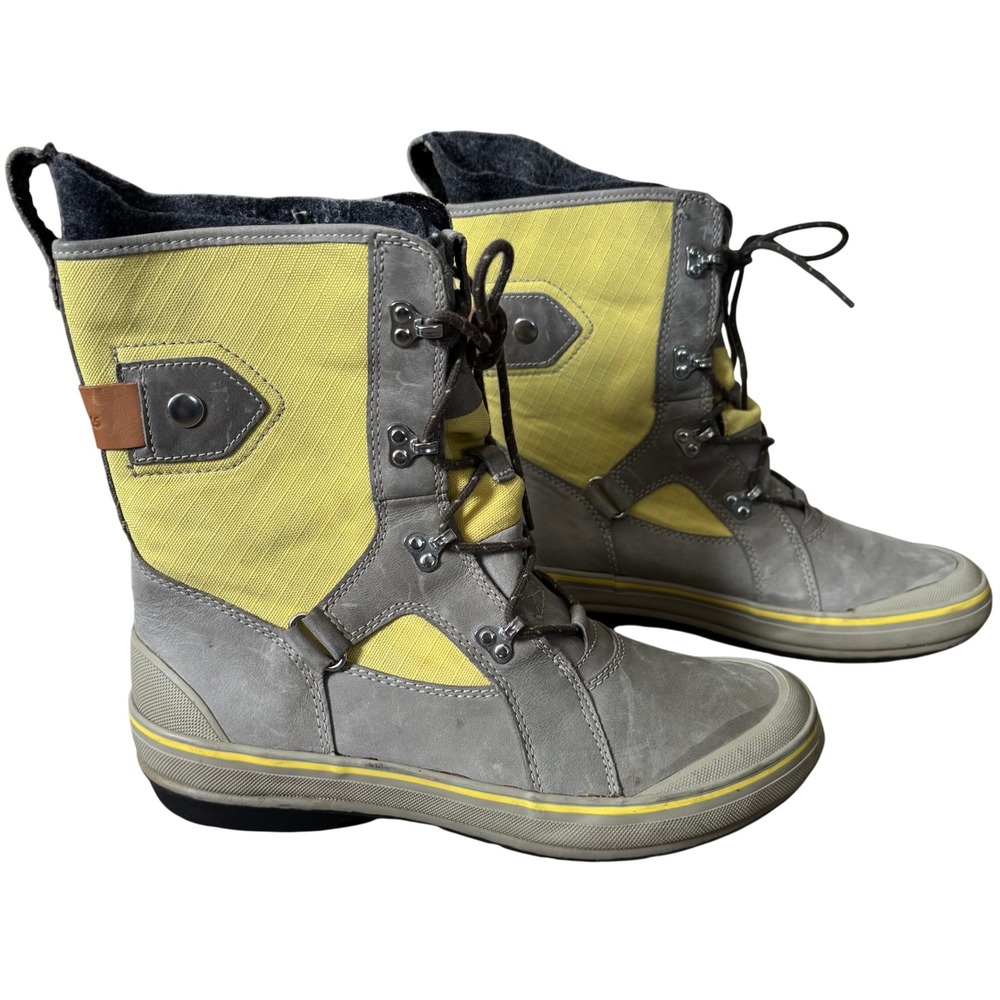 Clarks‎ Muckers Squall Boots Sz 10M Gray Yellow Leather Canvas Winter Waterproof